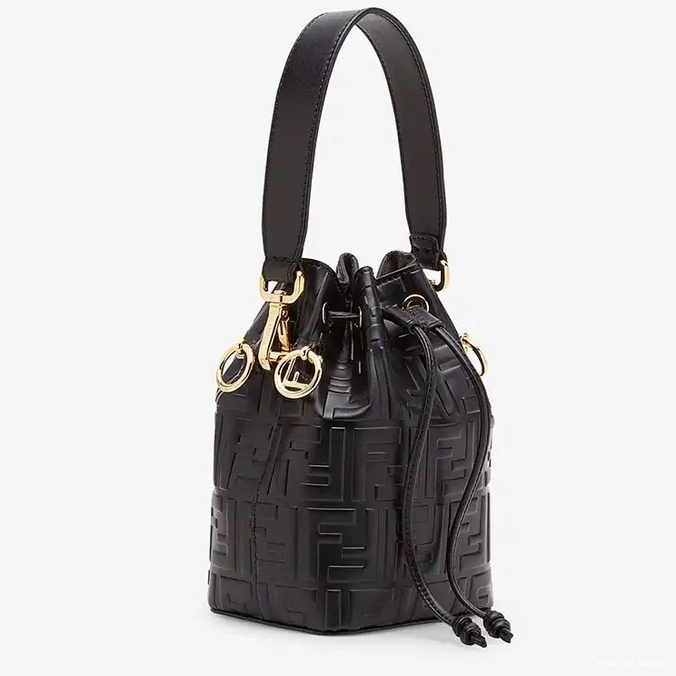Affordable HOT FF Mini Bag Leather Motif Mon In Black Calf Tresor Bucket Fendi 0611